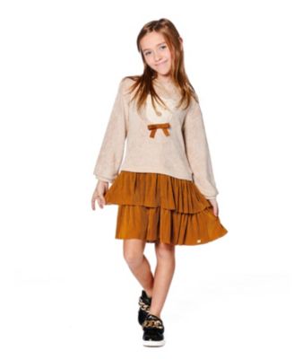 Toddler Girls Bi-Material Dress Caramel Brown with Layered Skirt - Toddler|Child