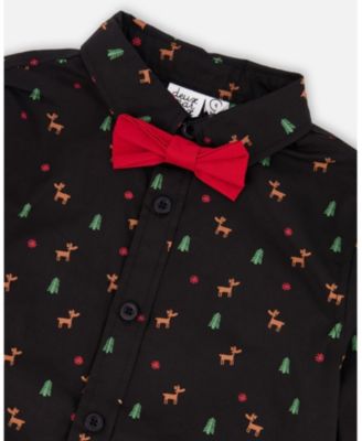 Baby Boy Printed Poplin Shirt Black and Multicolor with Bow Tie - Baby