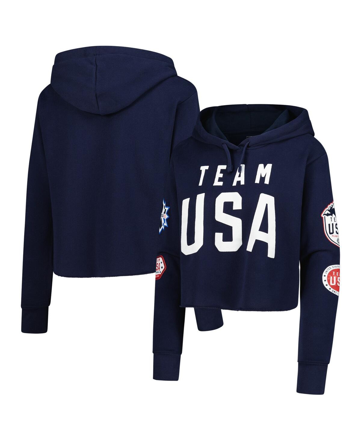 Women's Navy Flag Patches Fleece Cropped Pullover Hoodie - Navy