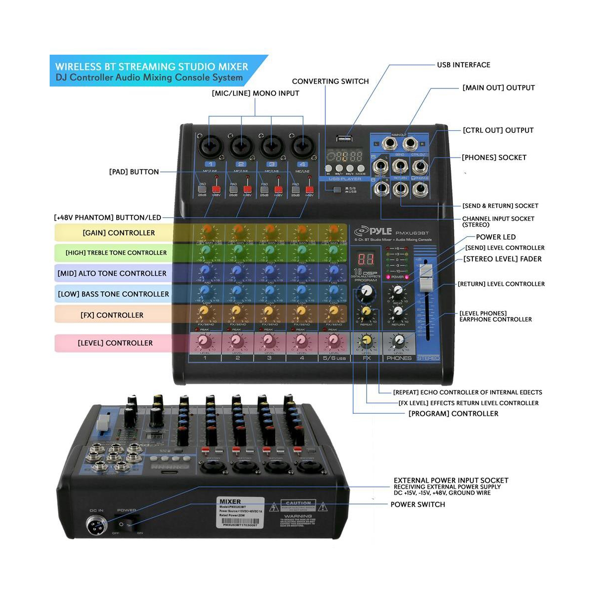 Pyle 6-Ch. Bluetooth Studio Mixer - Dj Controller Audio Mixing Console System