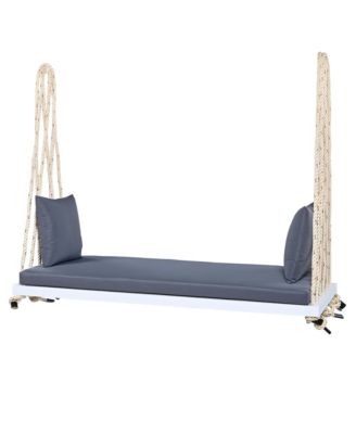 Patio Wooden Swing Chair, Hanging Porch Swing Bench with Cushion&Pillows, 10.8Ft Hemp Ropes for Garden,Backyard, Lawn,White