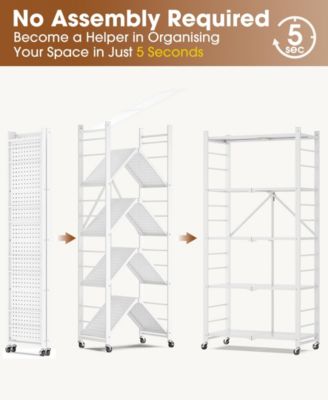5-Tier Foldable Storage Shelves, Metal Storage Rack with Wheels and Hooks