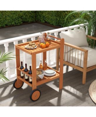 2 Tier Rolling Serving Cart with Wine Bottle Holders and 2 Rubber Wheels