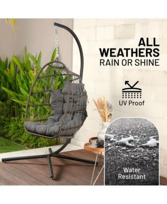 Foldable Egg Chair - Rattan Wicker Hanging Egg Swing Chair with Stand, Waterproof Seat Cushion,, and Headrest for Patio, Bedroom, Porch, and Garden (Deep Gray)