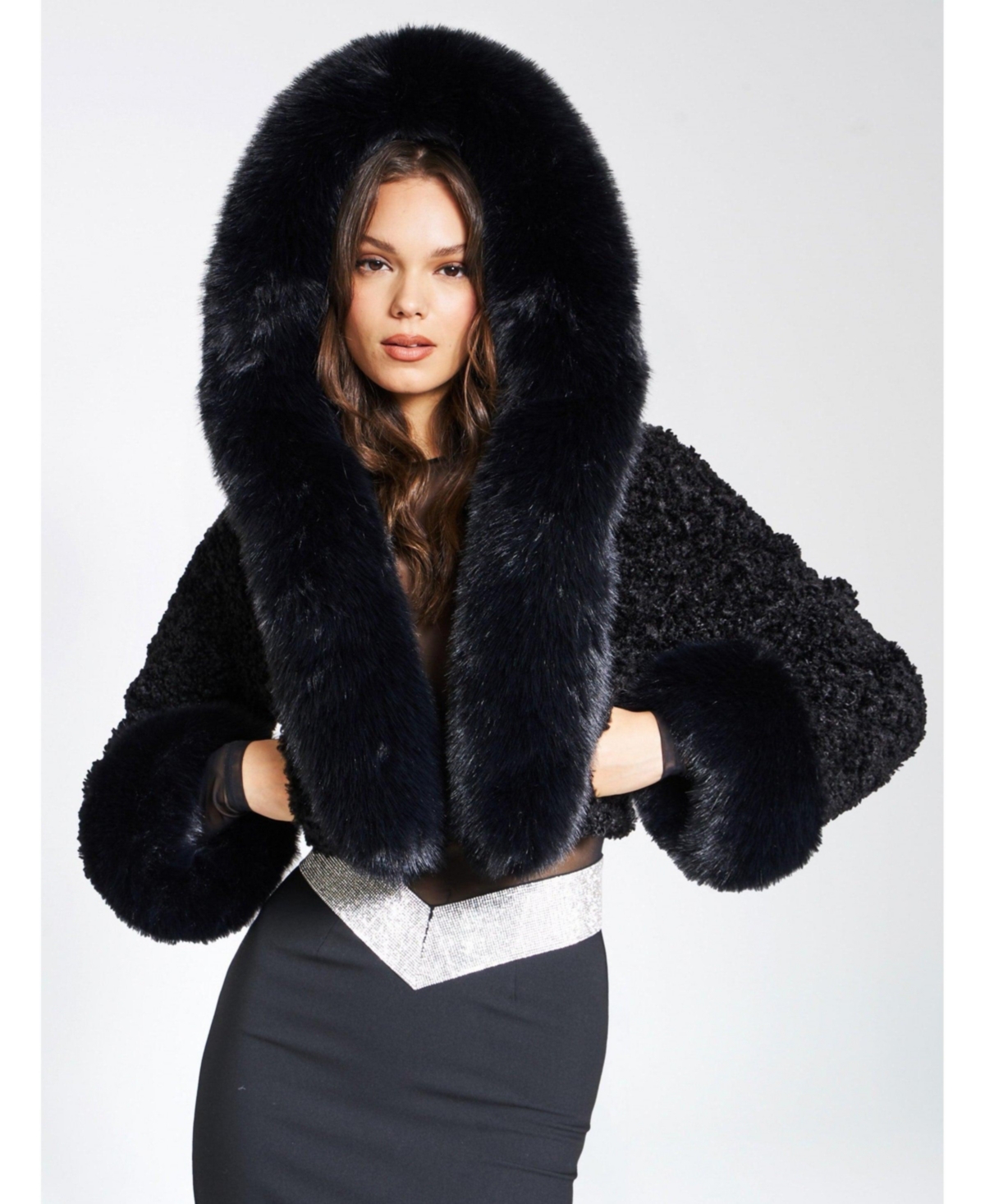 Women's Kali Black Cropped Faux Fur Jacket With Hood - Black