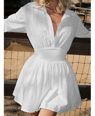 Women's Gabriella White Cotton Eyelet Button Up Long Sleeve Shirt Dress