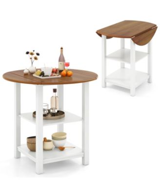 Folding Drop-Leaf Round Dining Table with 2 Shelves