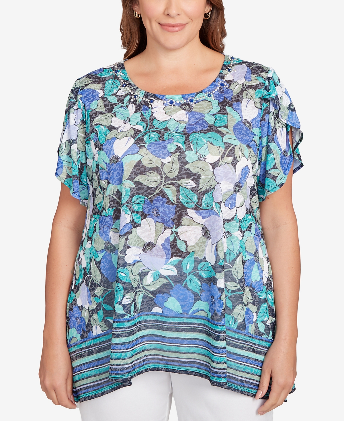 Plus Size Floral Striped Border Flutter Sleeve Top - Navy Multi