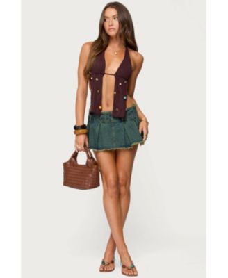 Women's Beaded Distressed Knit Split Front Top