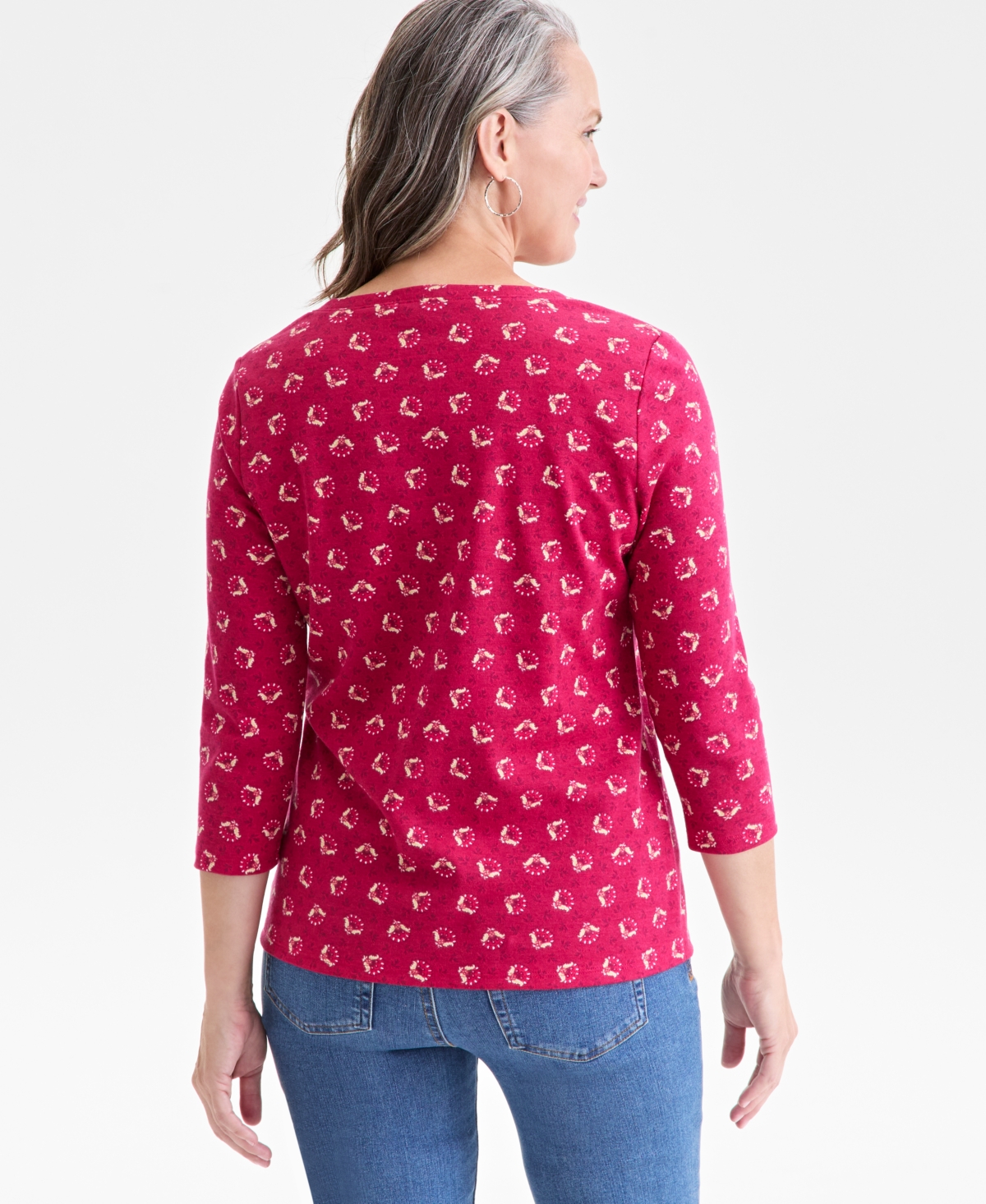Style & Co Women's Printed 3/4-sleeve Henley Top, Macy's Exclusive In Red