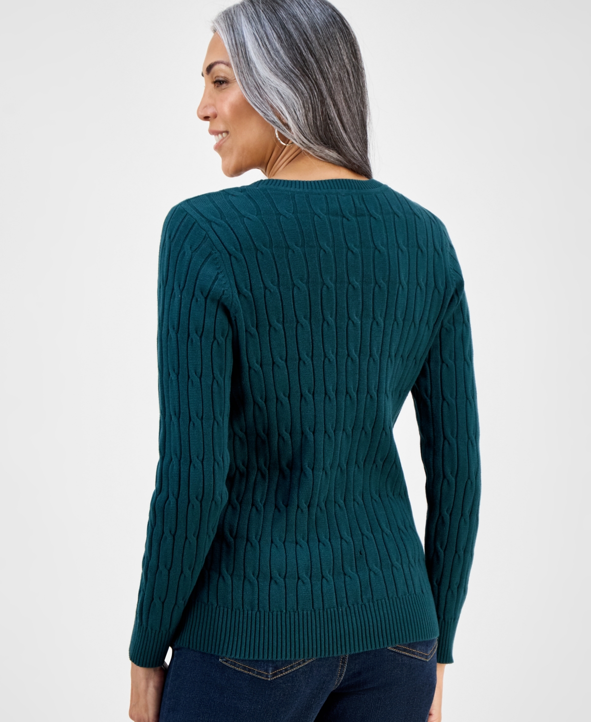Style & Co Women's Cotton Cable-knit Crewneck Sweater, Created For Macy's In Green