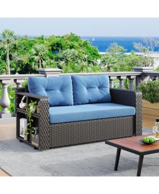 Convertible Foldable Wicker Outdoor Sofa with Storage Shelves