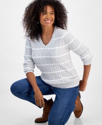 Women's Cotton Cable-Knit V-Neck Sweater, PXS-4X, Created for Macy's