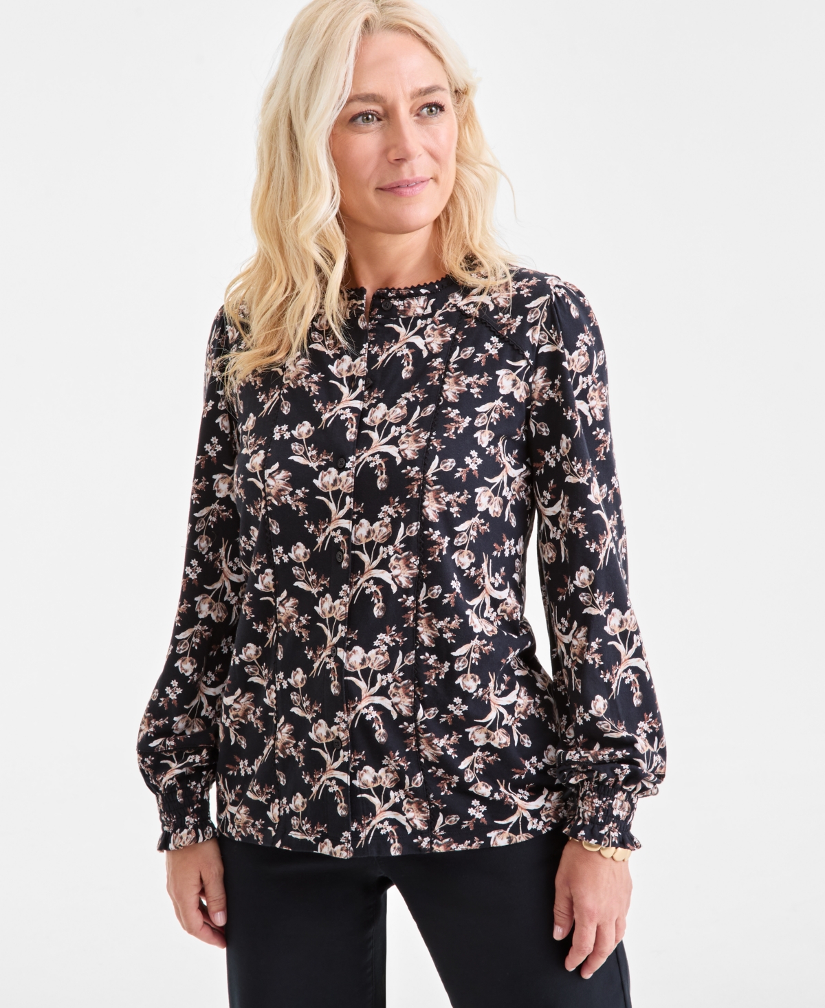 Style & Co Women's Printed Smocked-Cuff Knit Top, Macy's Exclusive
