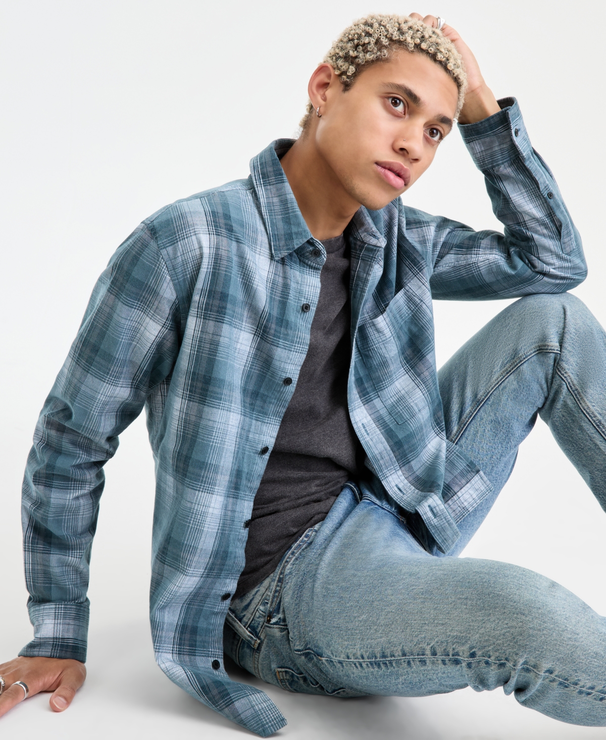 Sun + Stone Men's Long-sleeve Cotton Plaid Corduroy Shirt, Macy's Exclusive In Blue