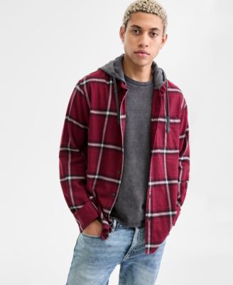 Sun + Stone - Men's Bird Layered-Look Hooded Cotton Flannel Plaid Shirt