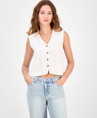Juniors' V-Neck Button-Front Chunky-Knit Vest 