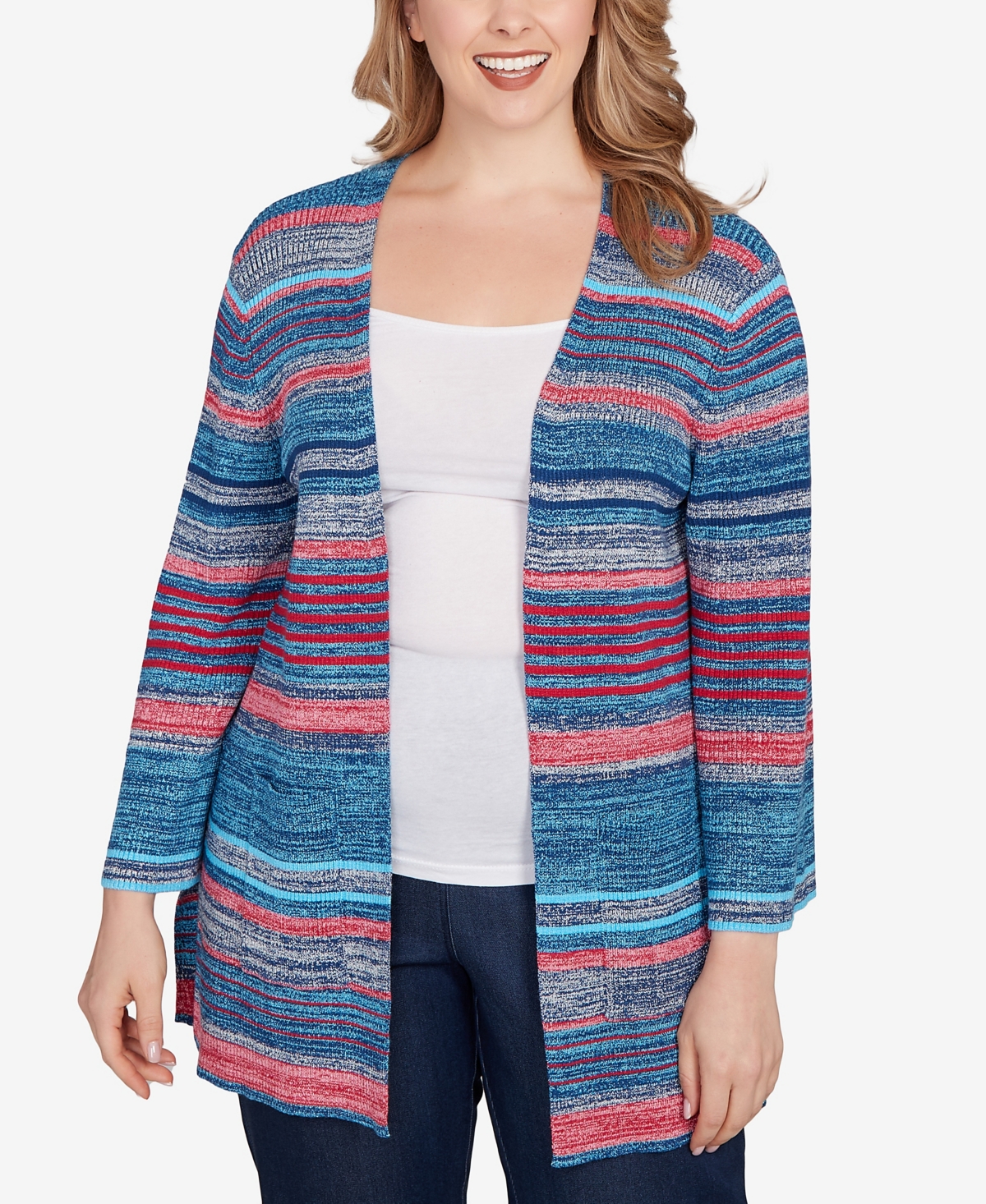 Plus Size Open Ribbed Stripe Front Pocket Cardigan Sweater - Indigo Multi