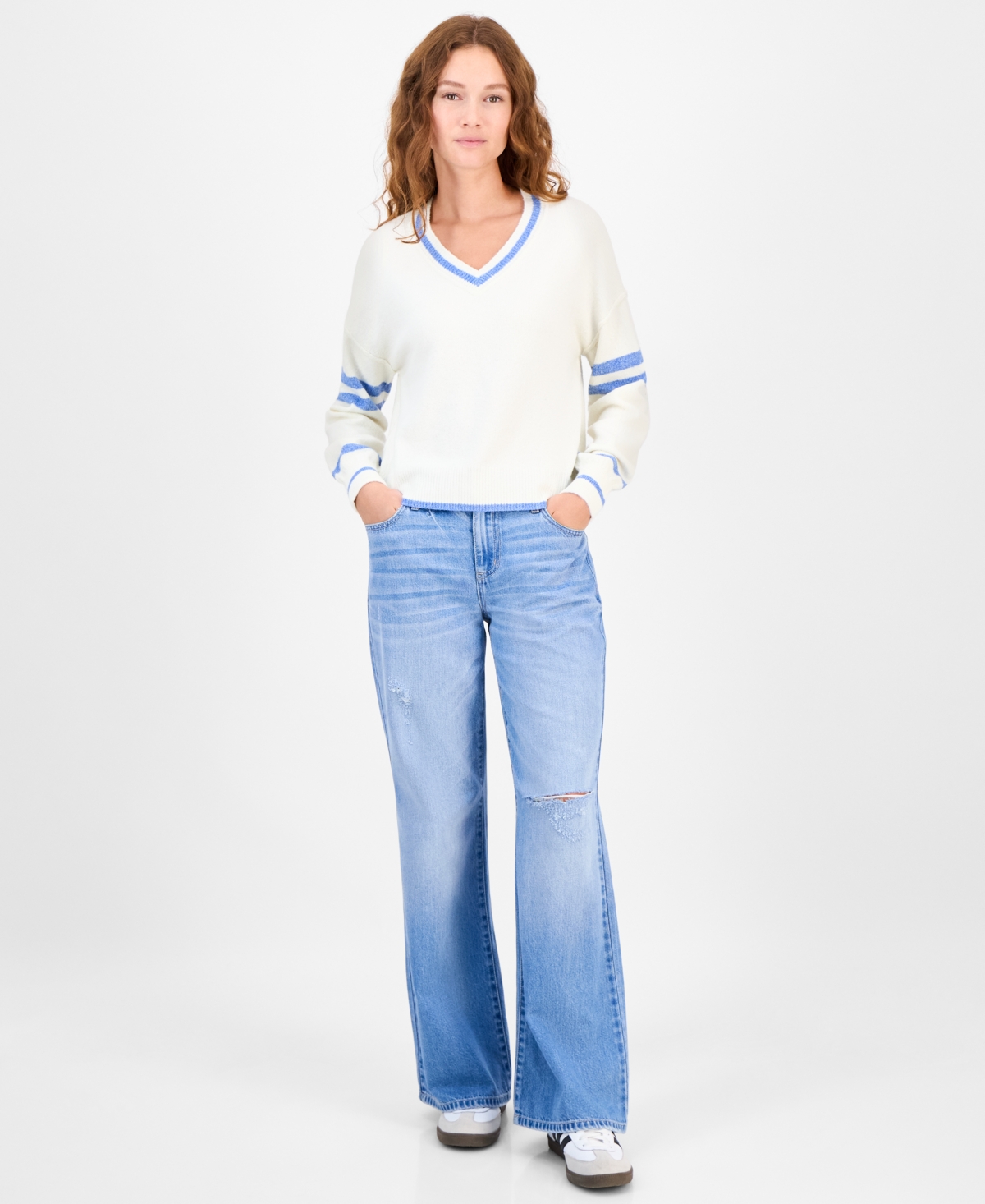 Freshman Juniors' V-neck Varsity Stripe Sweater In White