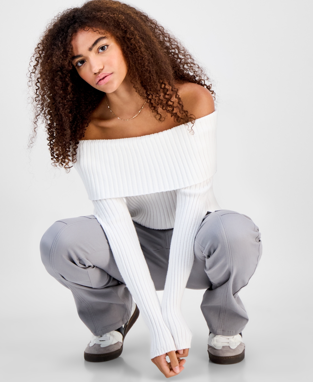 Madden Girl Juniors' Off-the-shoulder Rib-knit Sweater In Animal Print