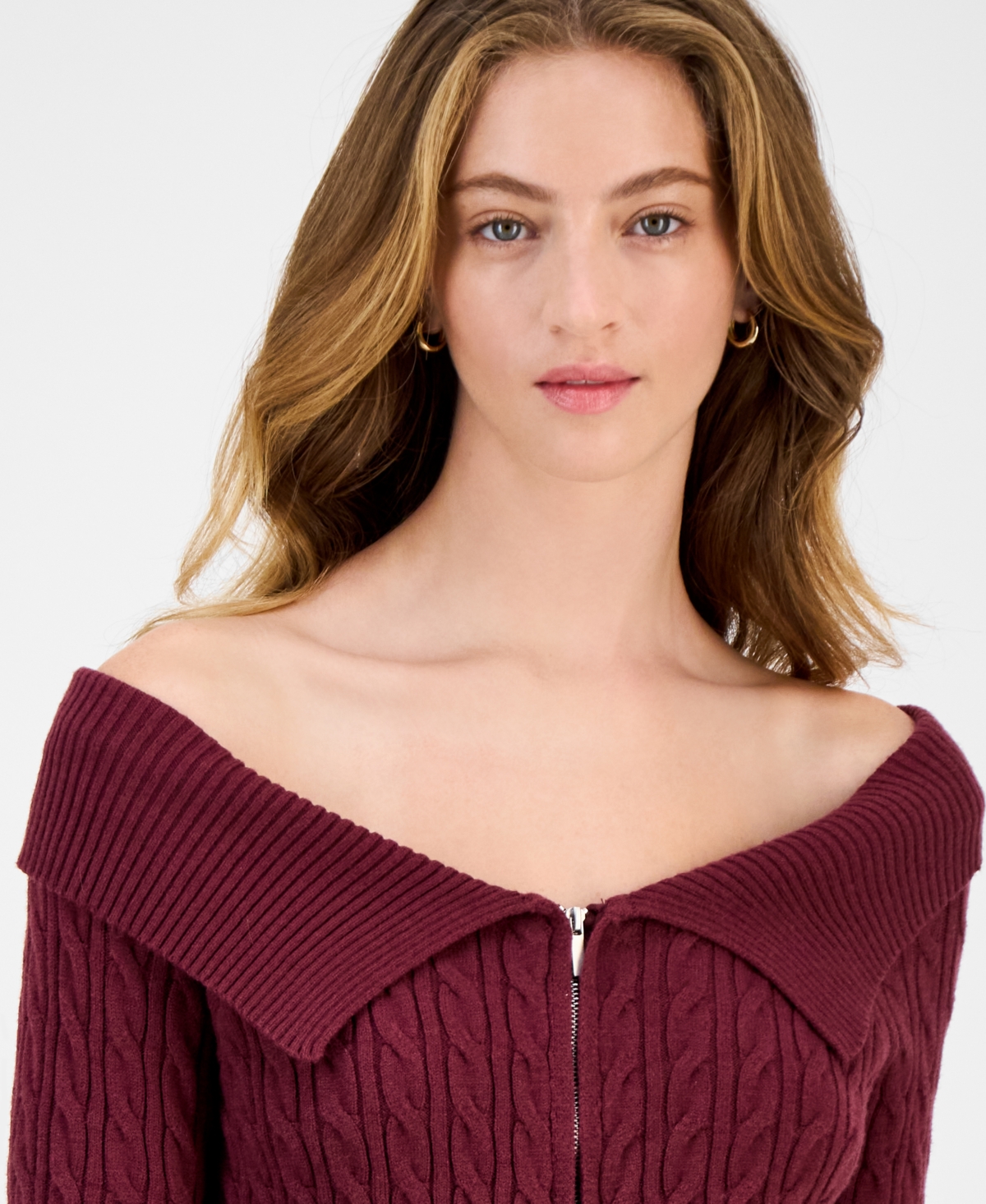 Hooked Up By Iot Juniors' Spread-collar Cable-knit Cardigan In Burgundy