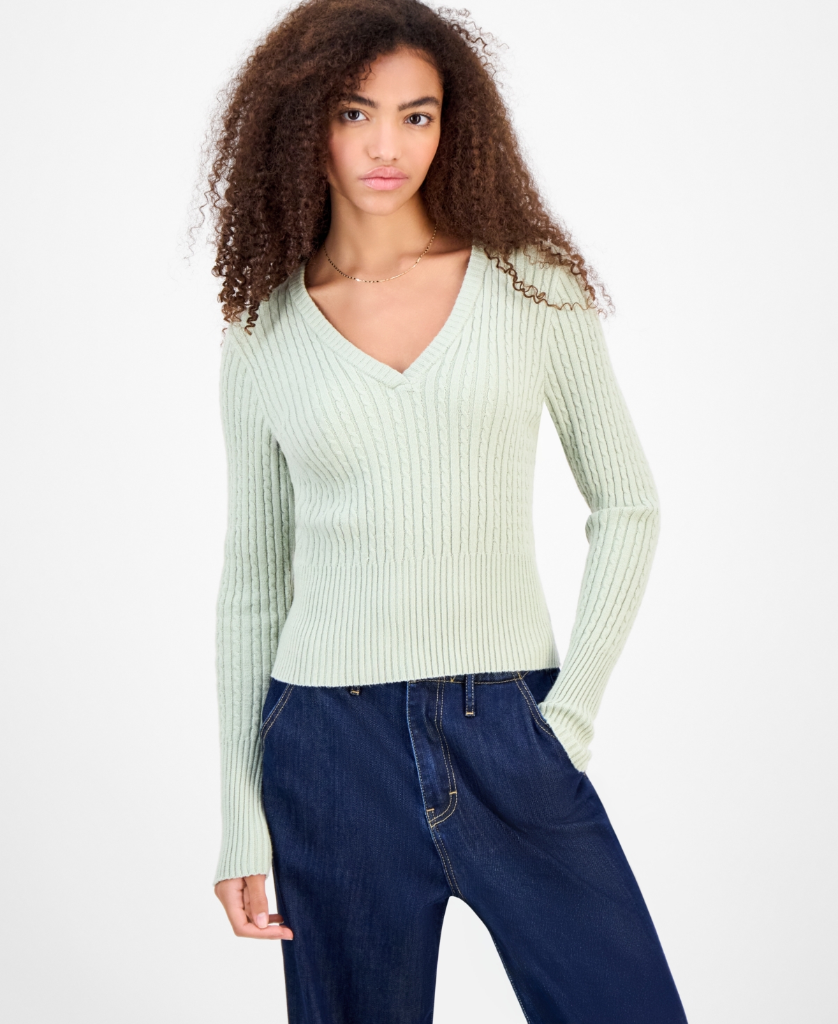 Hooked Up By Iot Juniors' Cable-knit V-neck Sweater In Green
