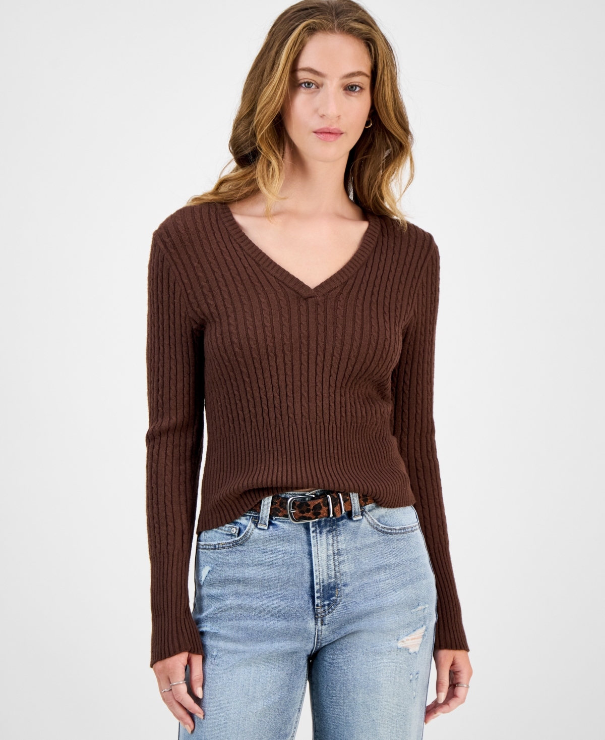 Hooked Up By Iot Juniors' Cable-knit V-neck Sweater In Brown