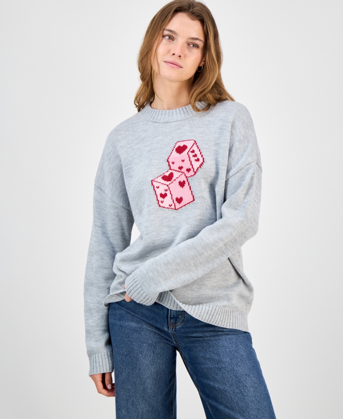 Just Polly Juniors' Heart Dice Crewneck Sweater In Gray