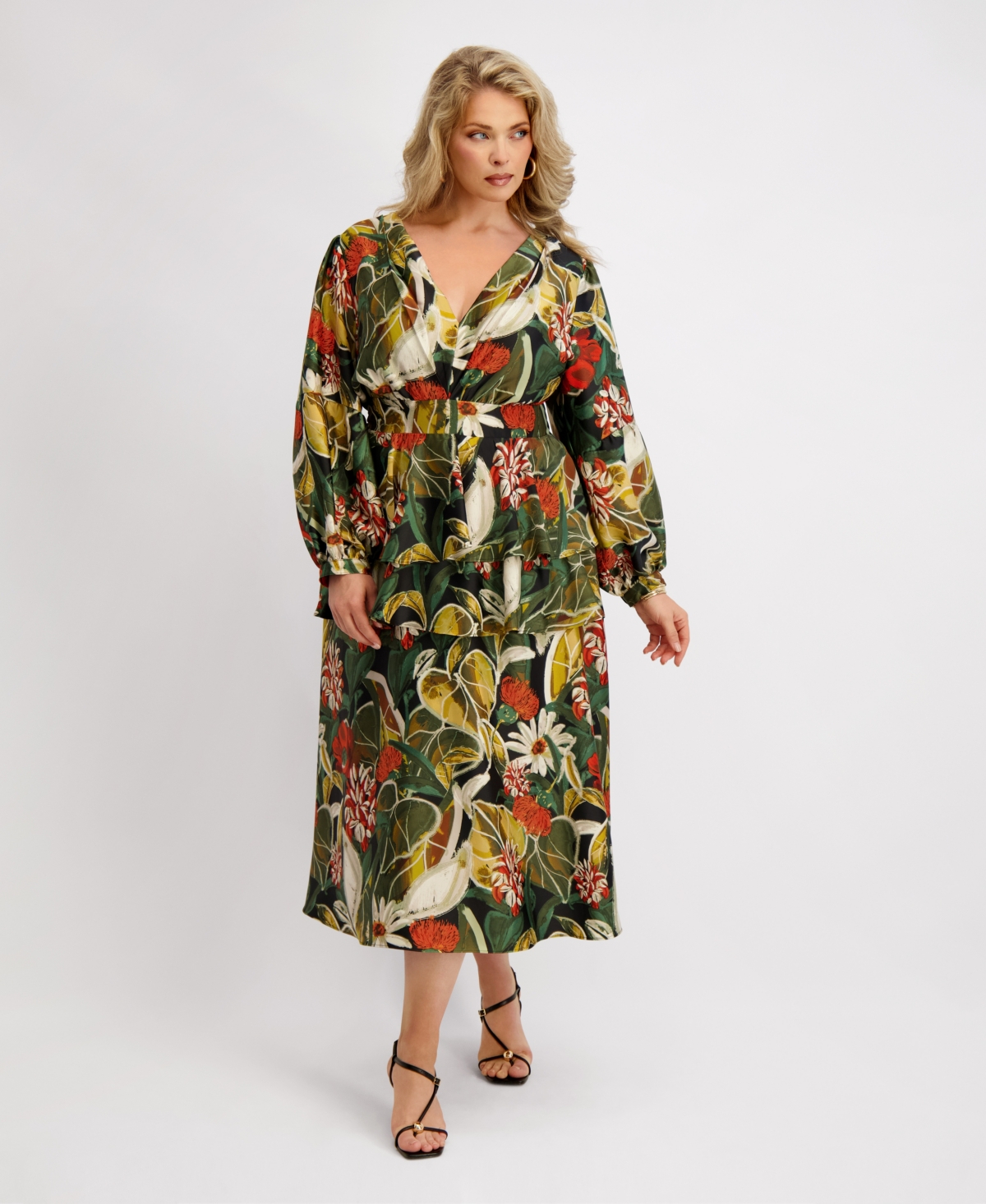 Siena Plus Size Long-sleeve Tiered Satin Maxi Dress In Multi