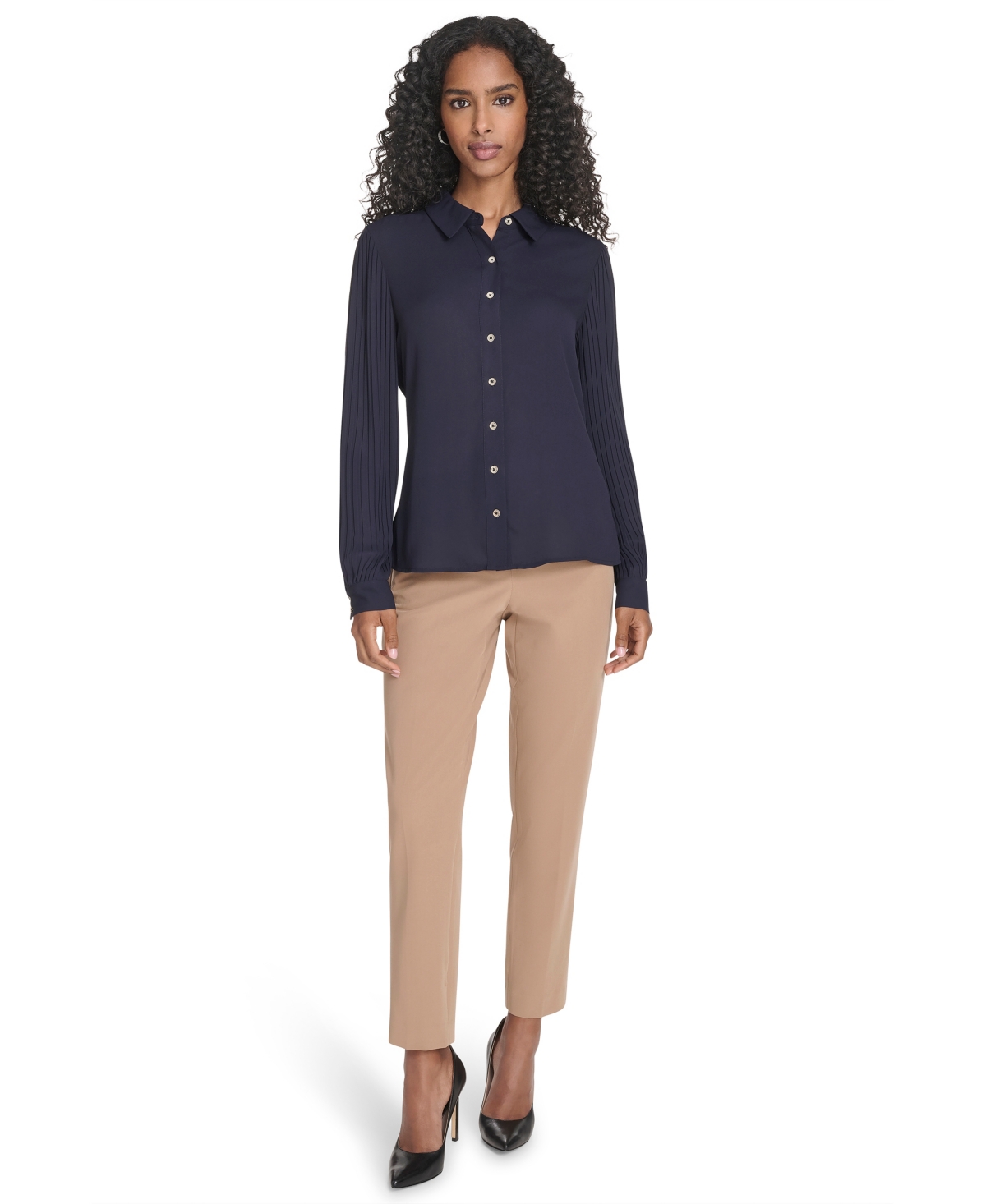 Tommy Hilfiger Women's Pleated Sleeve Button Up Blouse In Blue