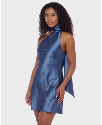 Juniors' Scarf-Neck One-Shoulder Satin Bodycon Dress