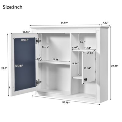 32" Bathroom Wall Cabinet with Mirrored Door and 3 Storage Shelves, Wall Mounted Storage Cabinet