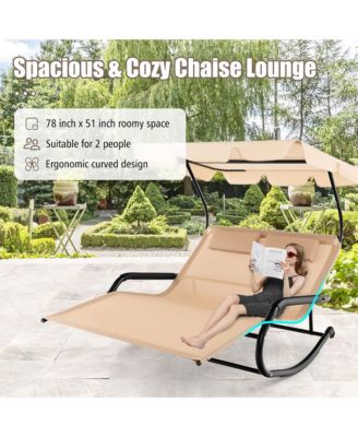 Outdoor 2-Person Double Rocking Chaise Lounge w/ Canopy & Wheels Metal Frame