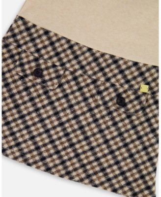 Girl Long Sleeve Bi-Material Mock Neck Dress Beige and Plaid - Child