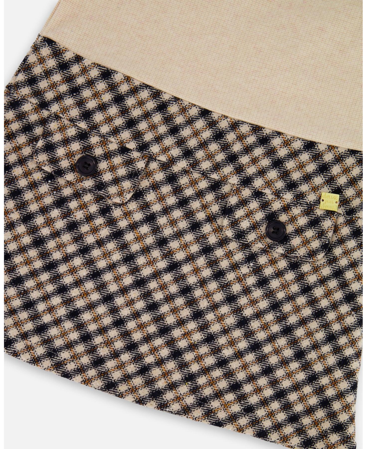 Deux par Girl Long Sleeve Bi-Material Mock Neck Dress Beige and Plaid