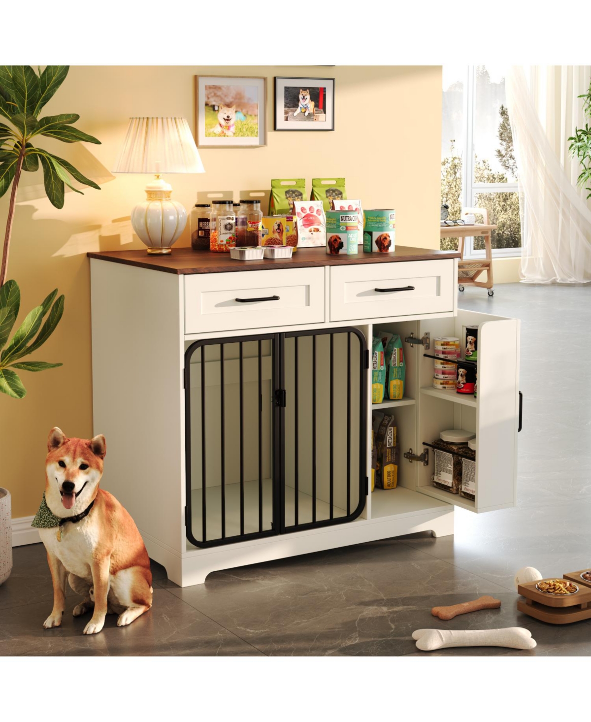 Dog Crate Furniture with Drawers & Storage - Dark brown,white