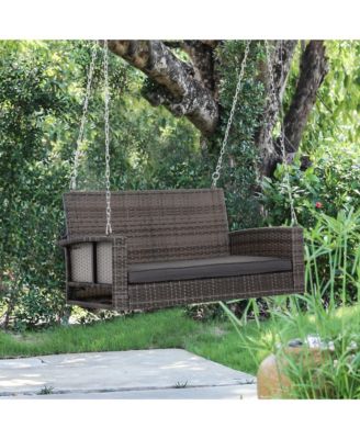 2 Person Wicker Hanging Swing Bench, Front Porch Swing Outdoor Chair with Cushions 550 lbs. Weight Capacity for Backyard, Garden, Grey