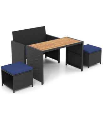 4 PCS Outdoor Dining Set, Rattan Loveseat Chair & 2 Ottomans