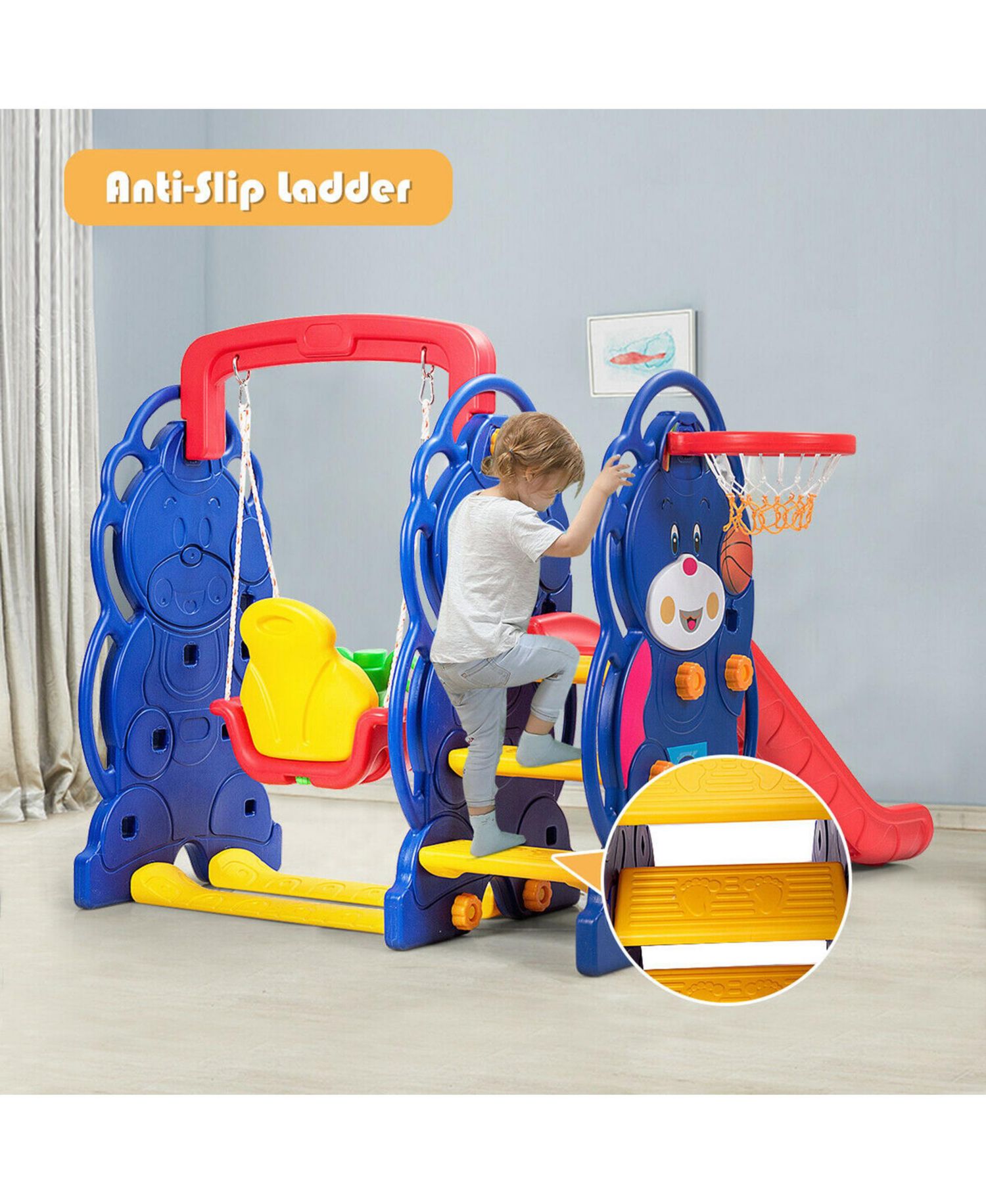 3 in 1 Toddler Climber and Swing Set Kid Climber Slide Playset w/Basketball Hoop