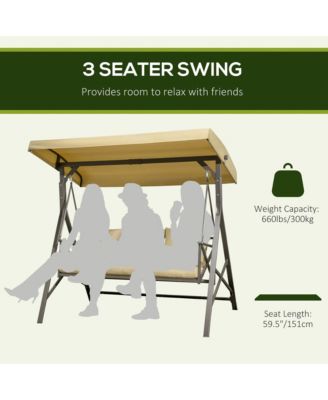 3-Seat Patio Swing Chair, Porch Swing Glider with Cushion, 3 Throw Pillows & Adjustable Canopy for Porch, Garden, Poolside, Backyard, Khaki
