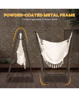 Patio Hammock Chair with U Shape Stand, Outdoor Hammock Swing Hanging Lounge Chair with Side Pocket, Brown/Cream White