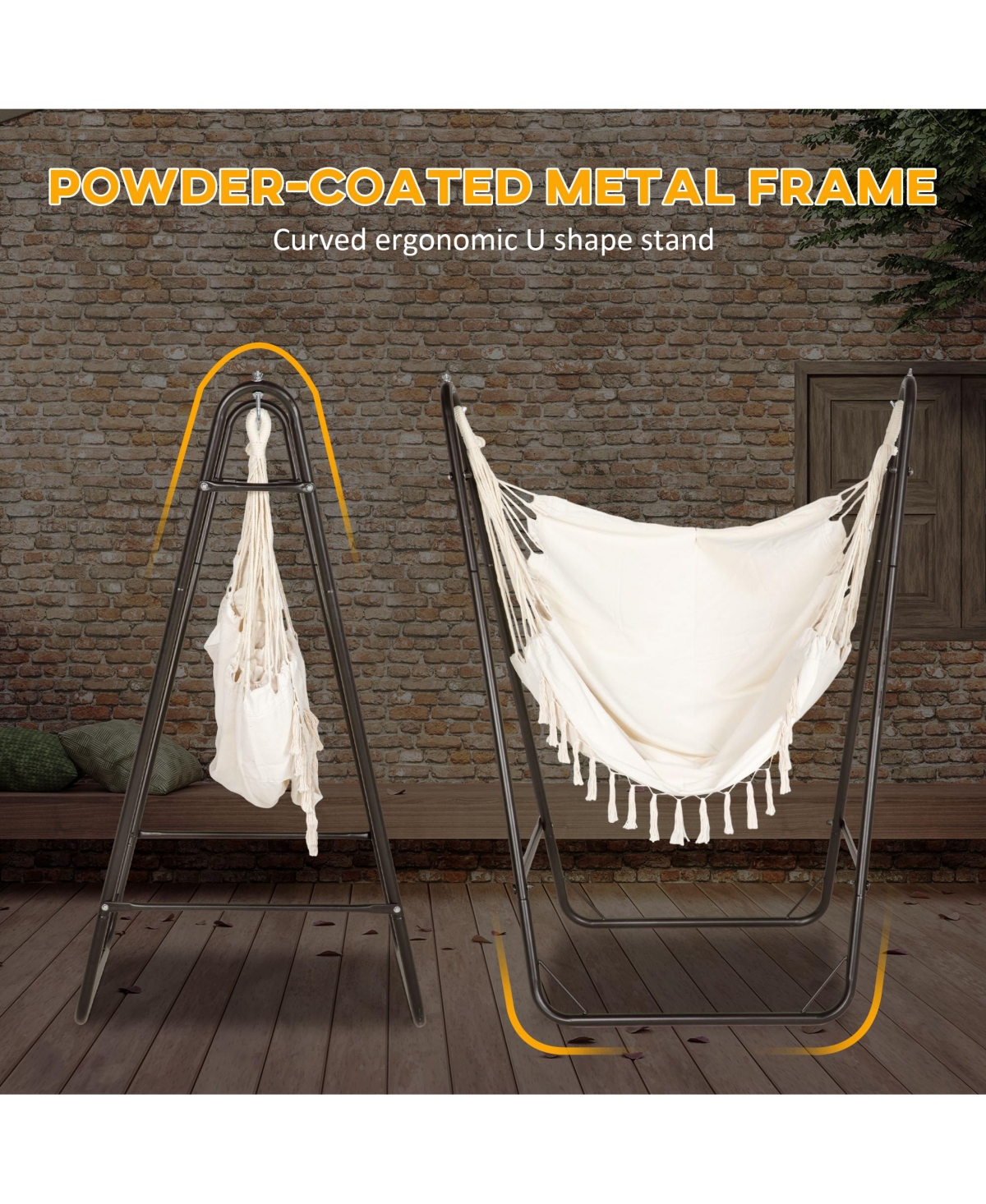 Patio Hammock Chair with U Shape Stand, Outdoor Hammock Swing Hanging Lounge Chair with Side Pocket, Brown/Cream White