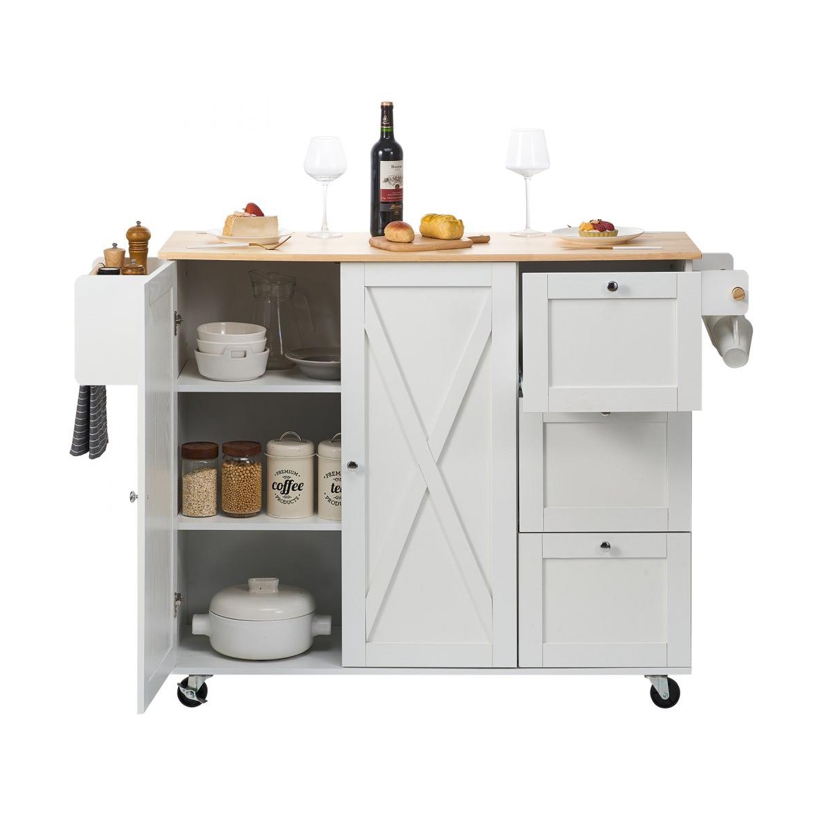 Solid Wood Top Kitchen Island Cart with Cabinet, Spice Rack, Drawer, and Towel Bar