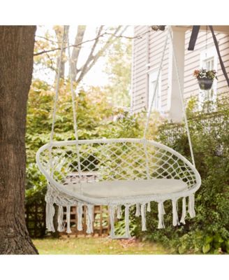 2-Person Hammock Chair Macrame Swing with Soft Cushion, Hanging Cotton Rope Chair for Indoor Outdoor Home Patio Backyard, White