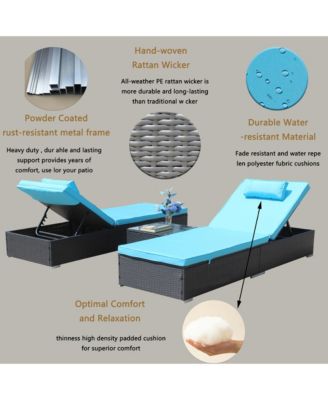 3-Piece Outdoor Patio Furniture Set Chaise Lounge, Patio Reclining Rattan Lounge Chair Chaise Couch Cushioned with Glass Coffee Table, Adjustable Back and Feet, Lounger Chair for Pool Garden, Blue