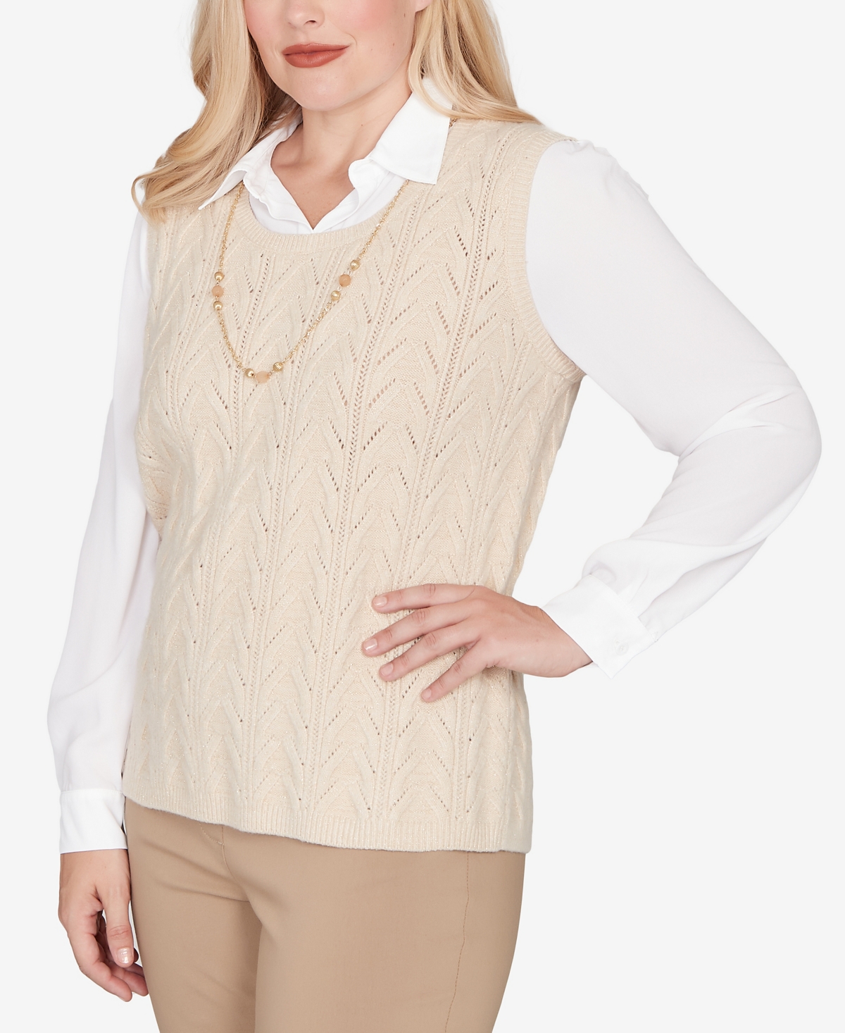 Alfred Dunner Petite Urban Legend Pointelle Texture Two In One Sweater With Necklace In Gray