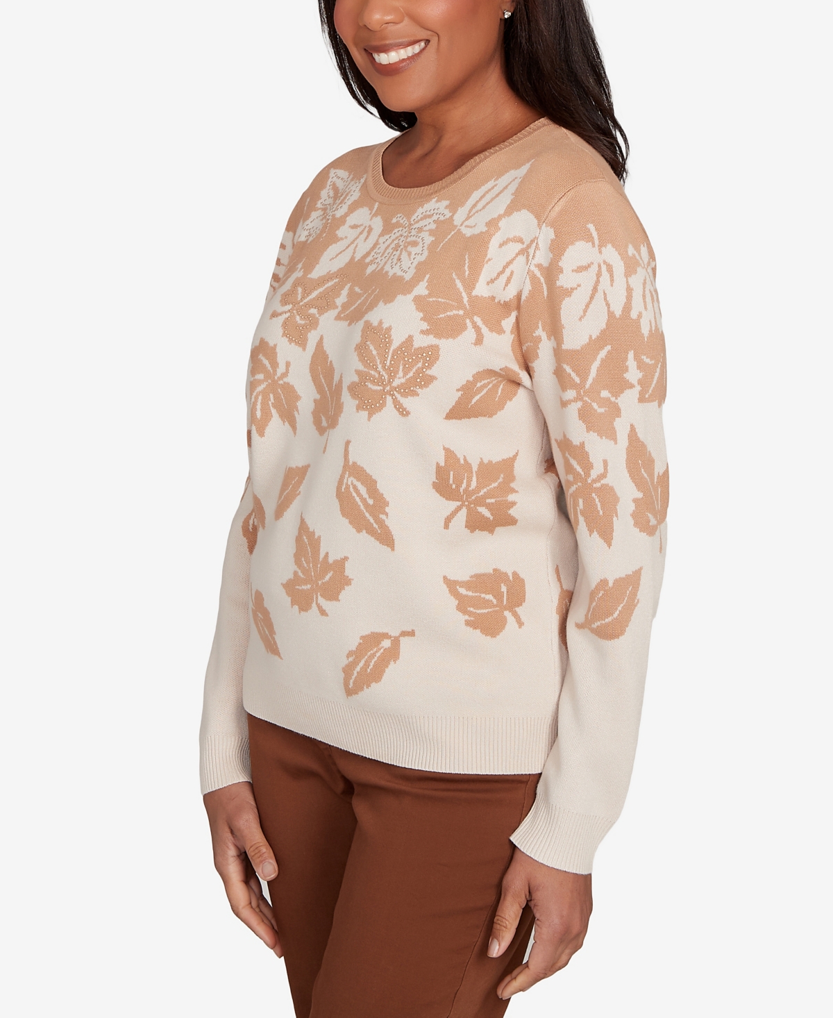 Alfred Dunner Plus Size Mount Laurel Falling Leaf Long Sleeve Sweater In Brown