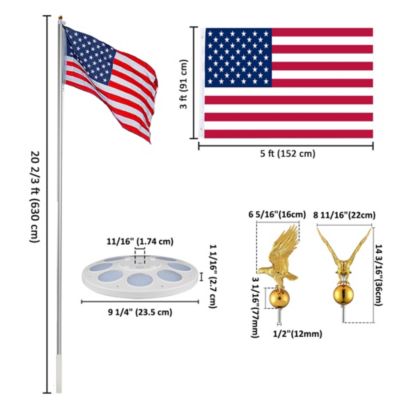 Bravery 20ft Eagle Topper Sectional Aluminum Flag Pole Kit with Solar Light US Flag Ball Top for Outside, Silver