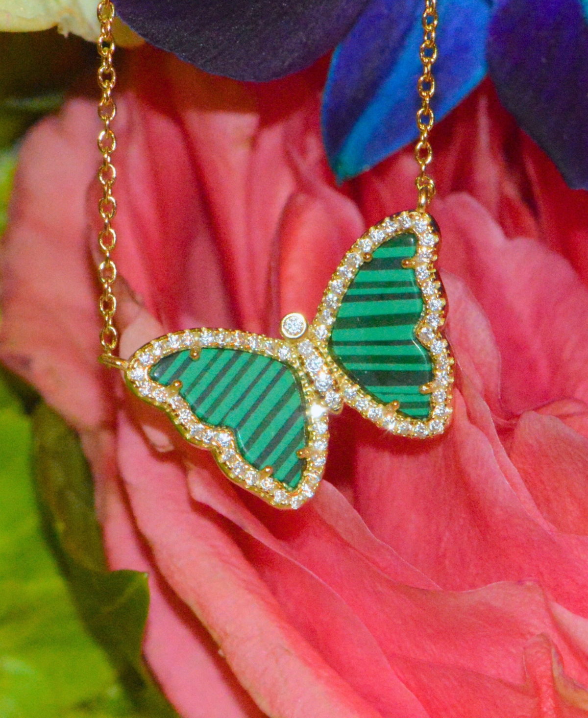 Kamaria Butterfly Necklace With Imitation Malachite In 14k Gold Plated Sterling Silver