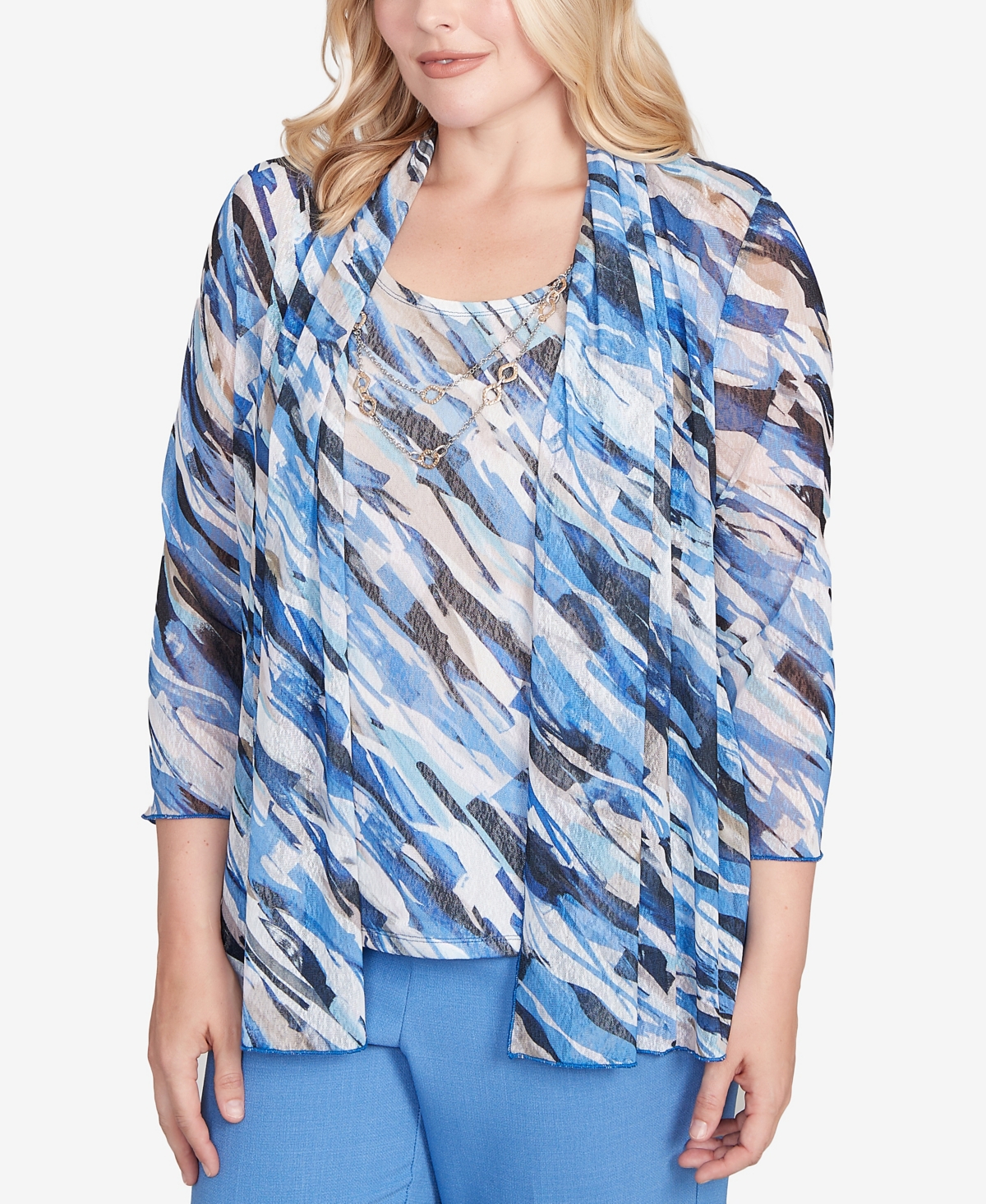 Alfred Dunner Women's Textured Mesh Printed Two In One Top With Necklace In Multi